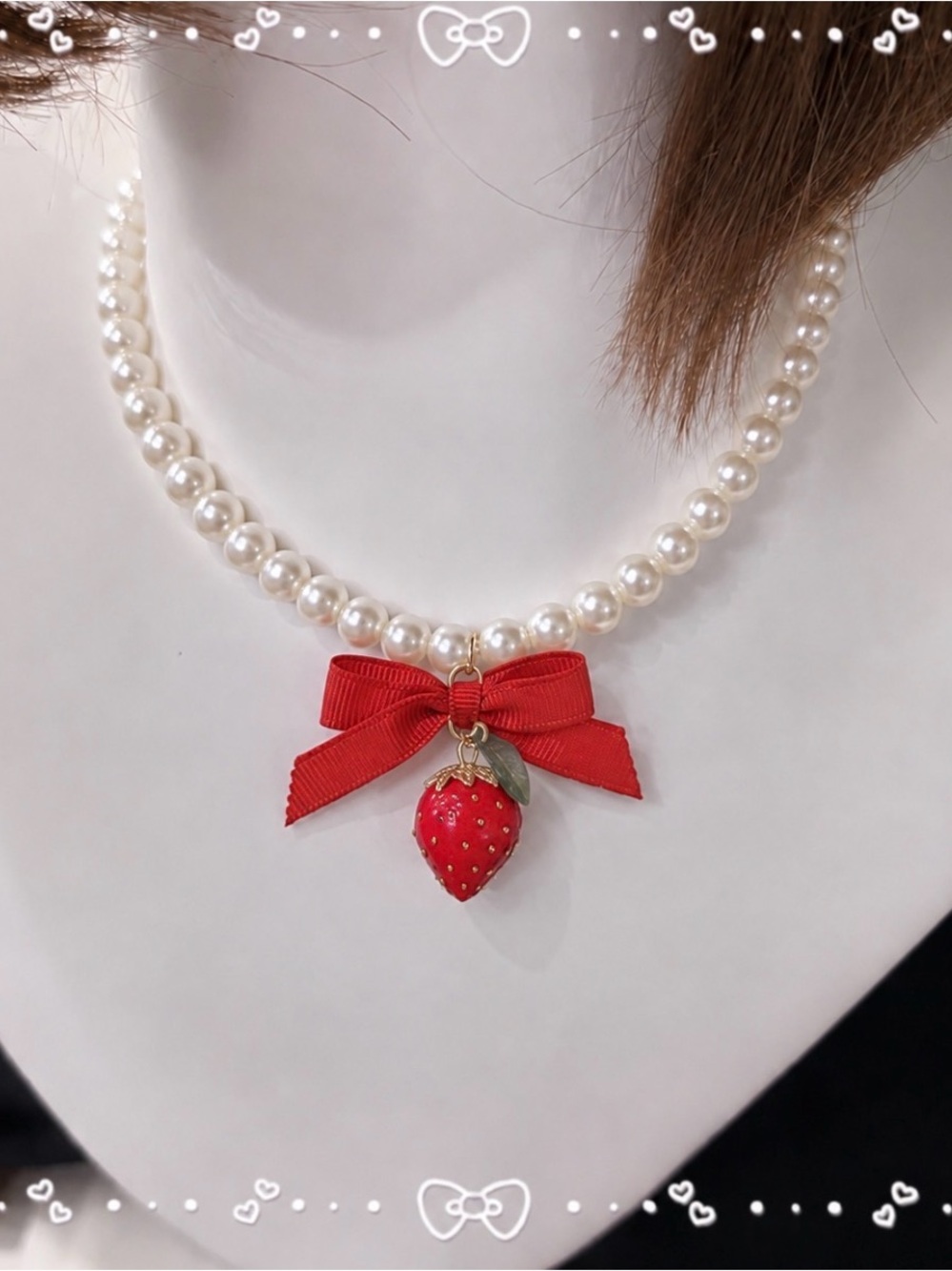 Japanese Kawaii Lolita Strawberry Bow Pearl Necklace